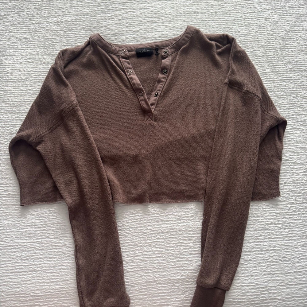 Urban Outfitters Brown Cropped Henley Long-Sleeve Top